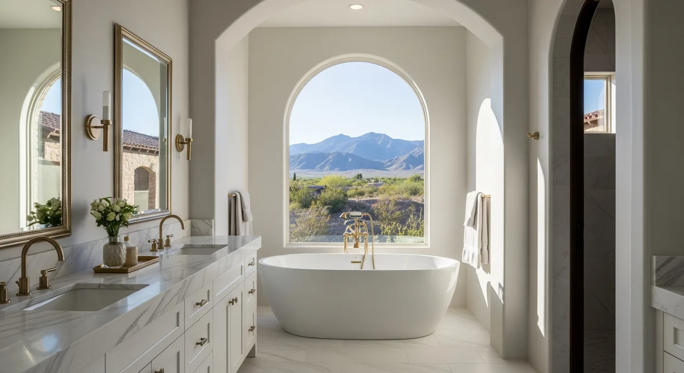 Stunning luxury Las Vegas master bathroom with white Calacatta marble vanity countertop, freestanding tub, brass faucets, and arched window with desert mountain view