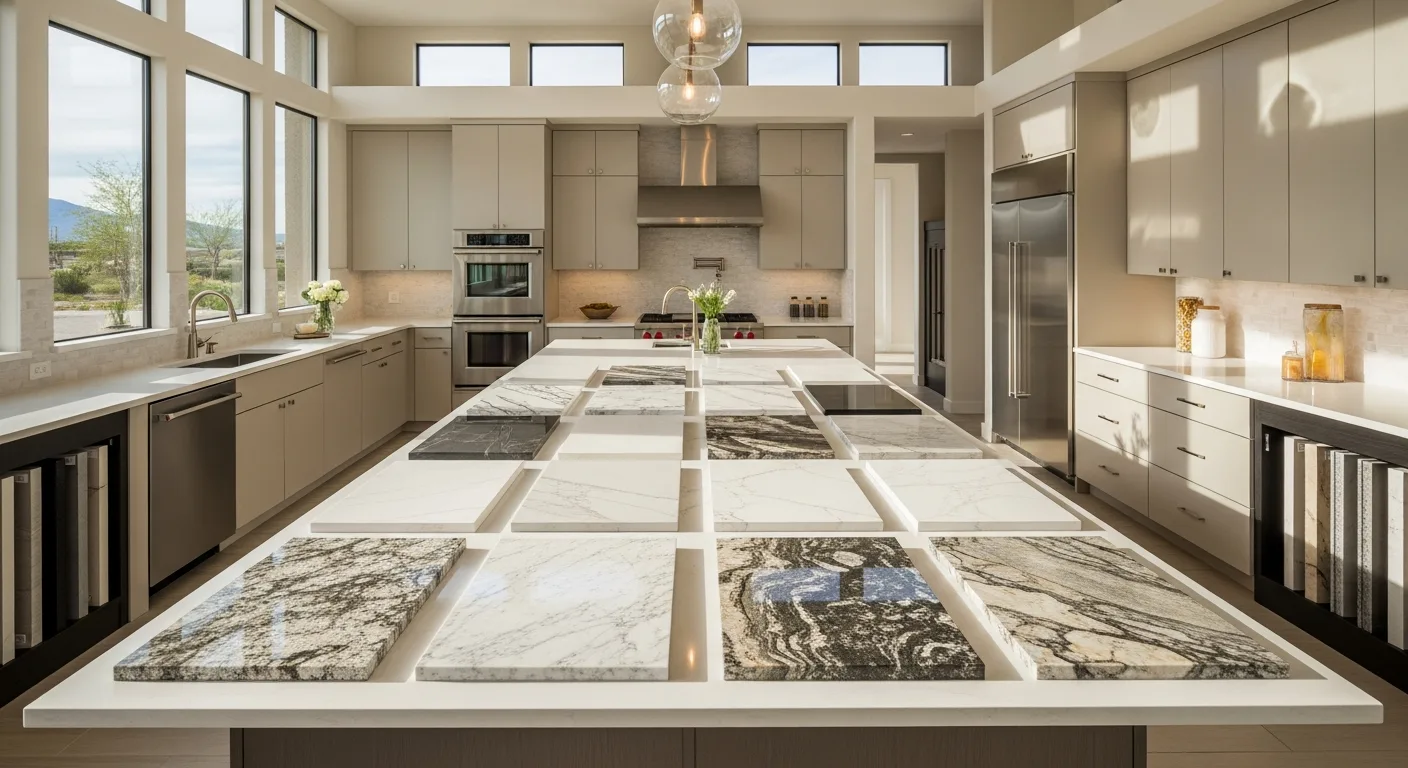 Granite, marble, quartz, and quartzite countertop slab samples in a Las Vegas kitchen