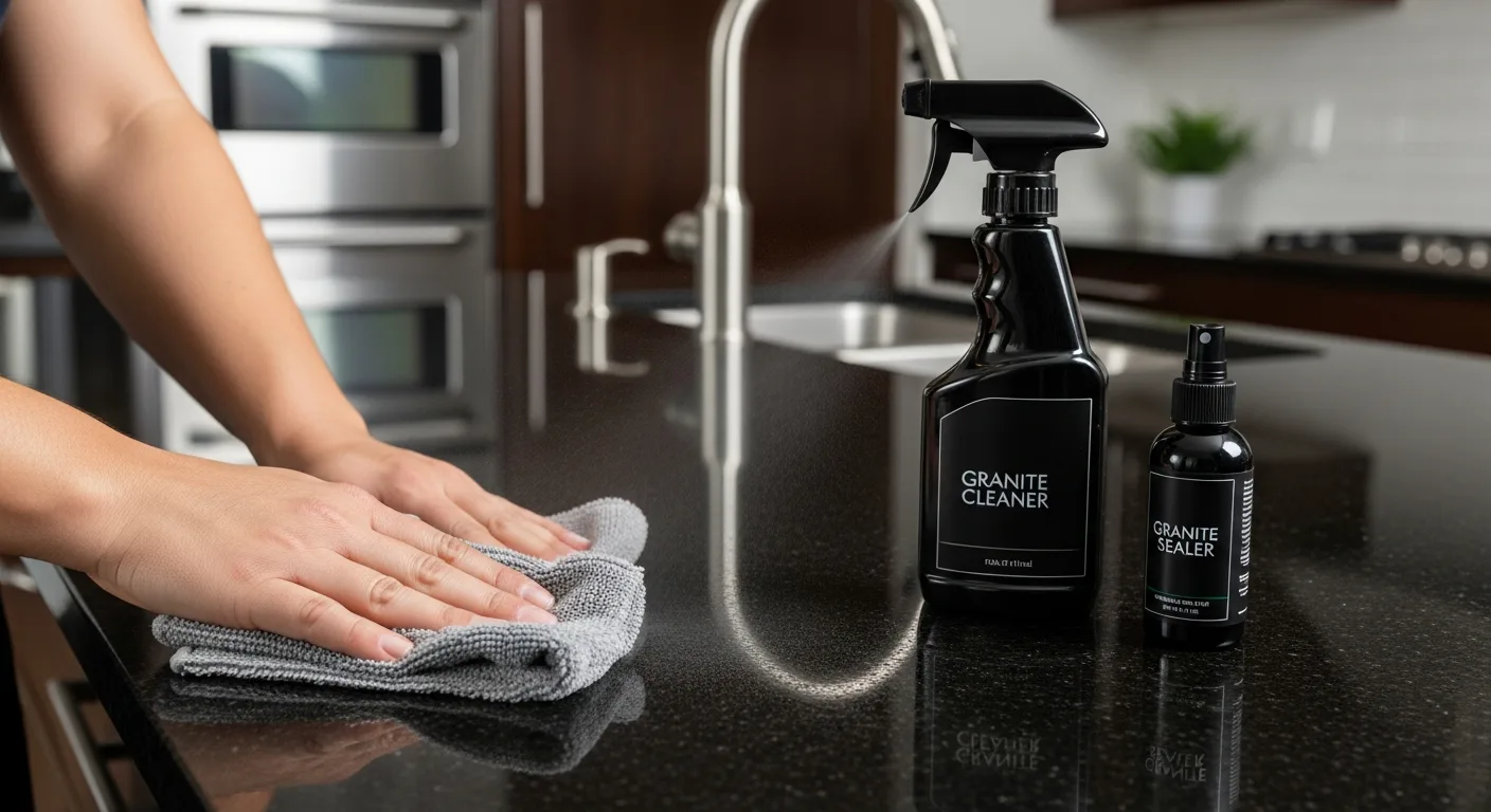 Wiping a polished black granite kitchen countertop with a microfiber cloth and stone cleaner