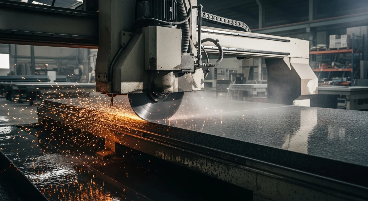 Industrial CNC stone cutting machine fabricating a granite slab in our Las Vegas shop