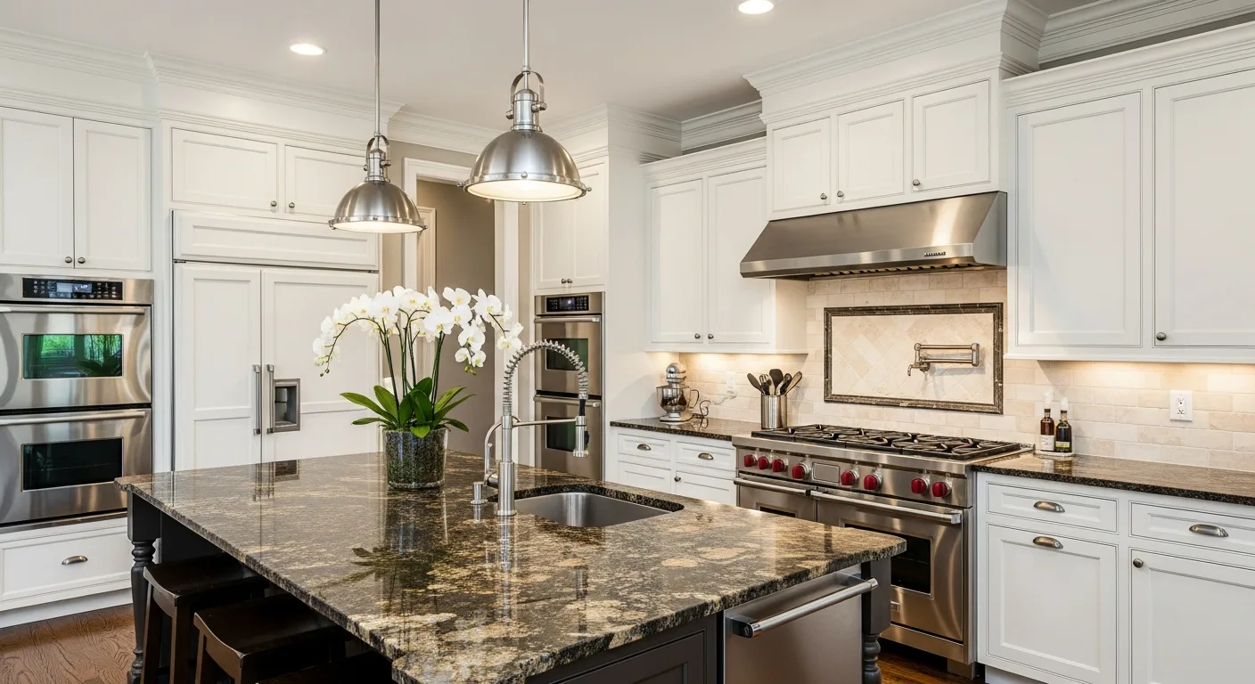 Luxury kitchen with brown granite countertops, white shaker cabinets, and stainless appliances