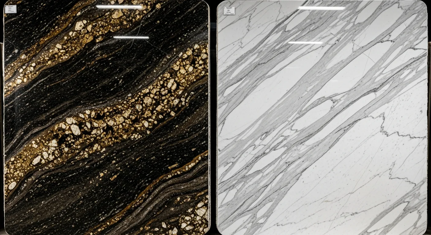 Side by side comparison of two large polished stone slabs - left is dark brown granite with gold and black flecks, right is white Calacatta marble with dramatic grey veining, displayed in a slab yard