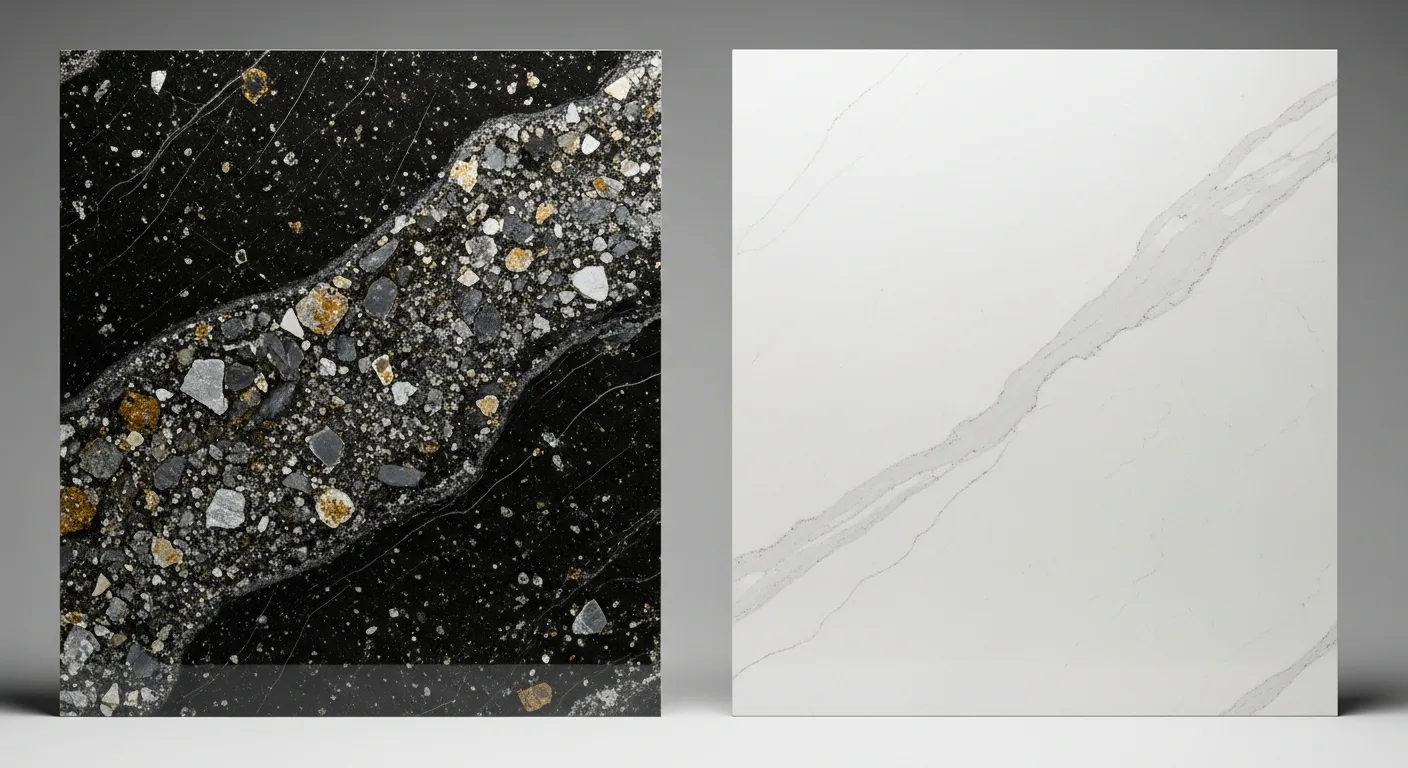 Side by side comparison of a black granite slab and a white engineered quartz slab