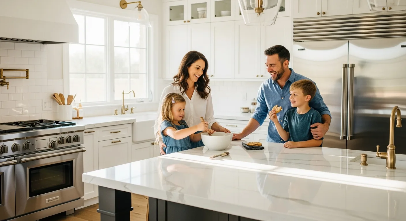 Happy family in a newly renovated luxury Las Vegas kitchen with quartzite countertops