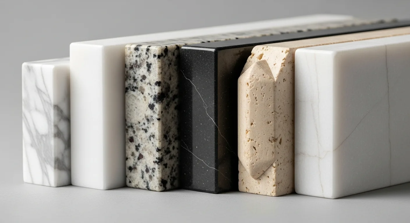 Five different stone countertop edge profile samples lined up showing eased, beveled, bullnose, ogee, and mitered edges