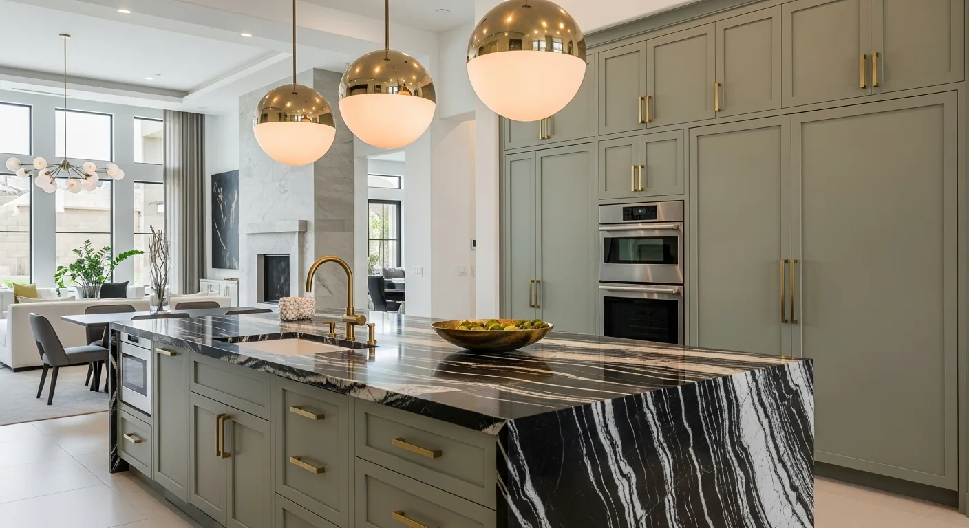 Modern 2026 kitchen with dramatic black and white veined quartzite waterfall island and brass hardware