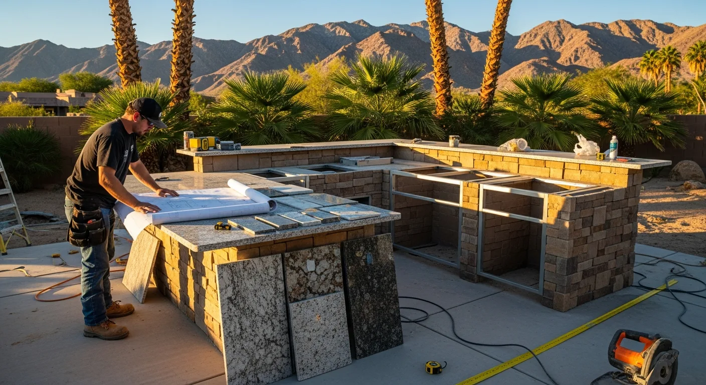 Las Vegas backyard outdoor kitchen during construction with contractor reviewing blueprints and granite slab samples on a partially built stone island, mountain backdrop