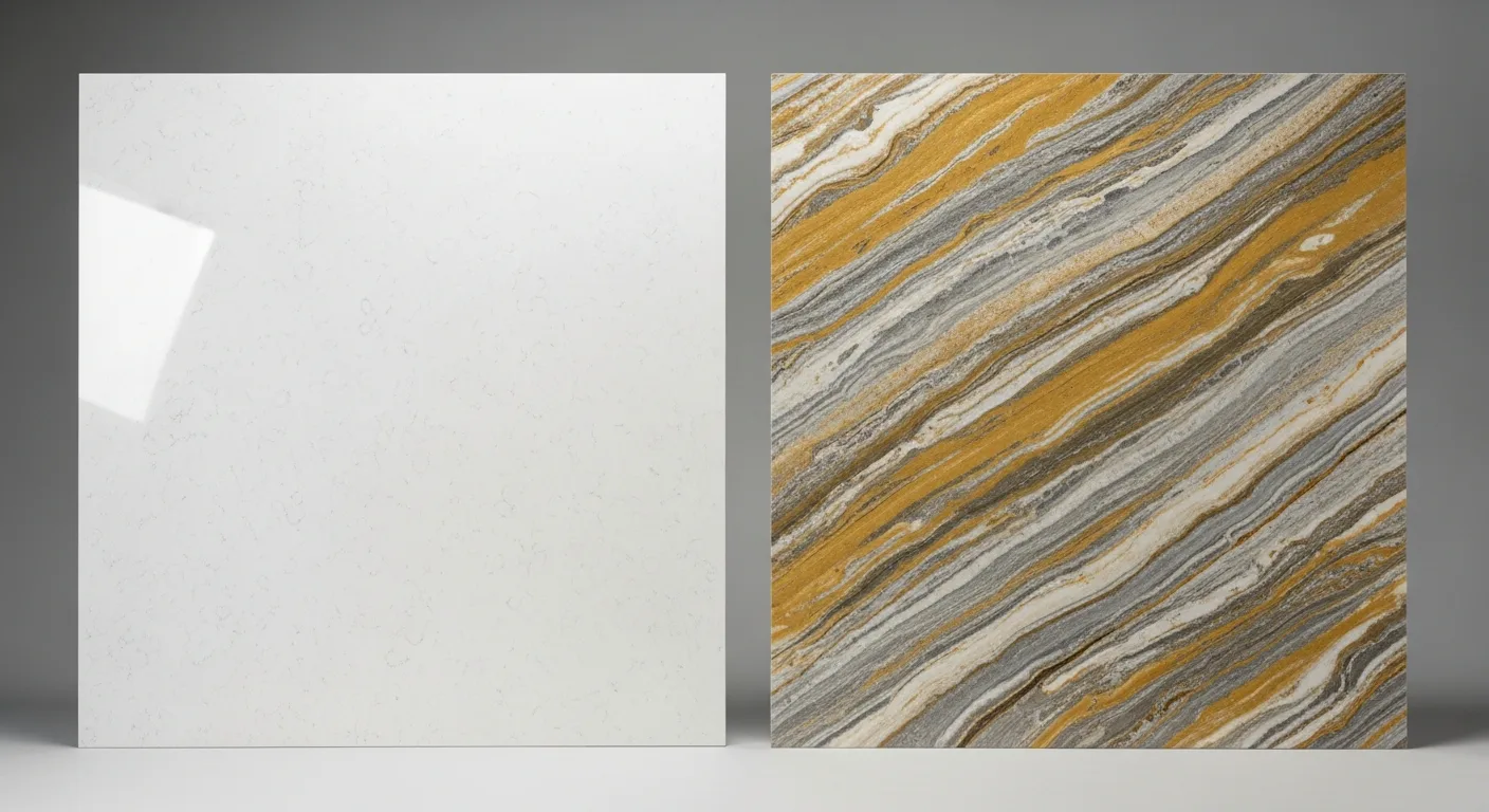 Side by side stone slab comparison showing engineered quartz next to natural quartzite
