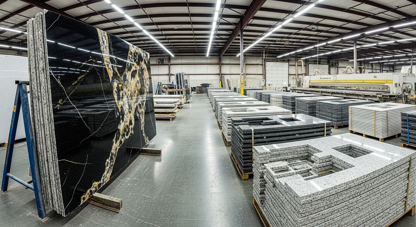 Stone fabrication warehouse showing a full granite slab next to stacked prefab countertop pieces