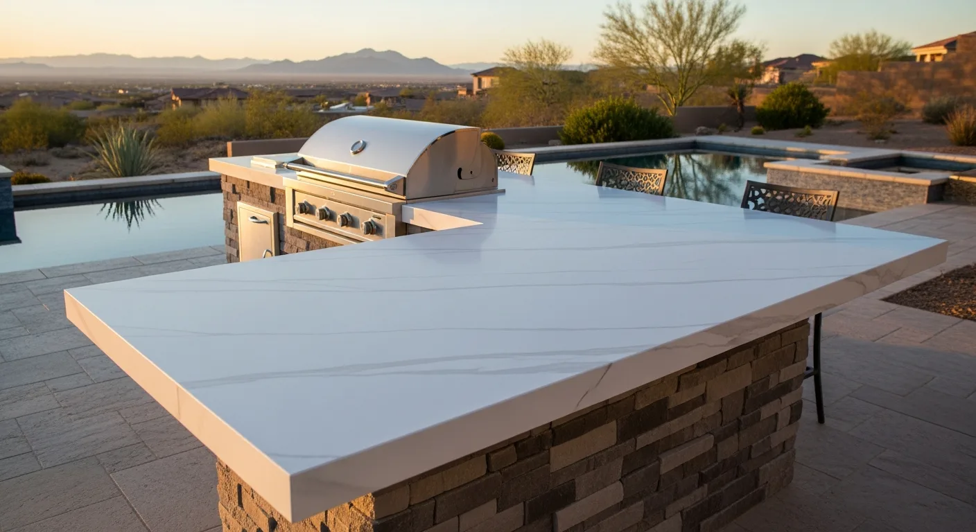 Outdoor kitchen island with white porcelain slab countertop in a Henderson Nevada backyard with pool, mountains, and desert landscaping at golden hour
