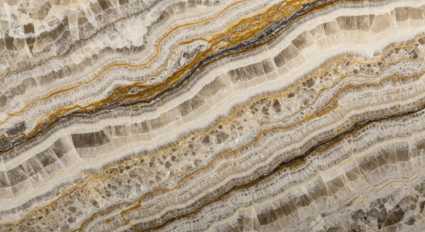 Macro close-up of polished Quartzite slab showing dramatic golden, beige, and grey veining patterns and crystalline natural stone texture
