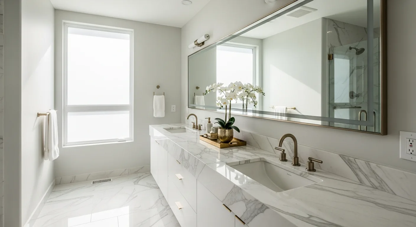 Luxury Las Vegas master bathroom with white Calacatta marble vanity countertop and double sinks