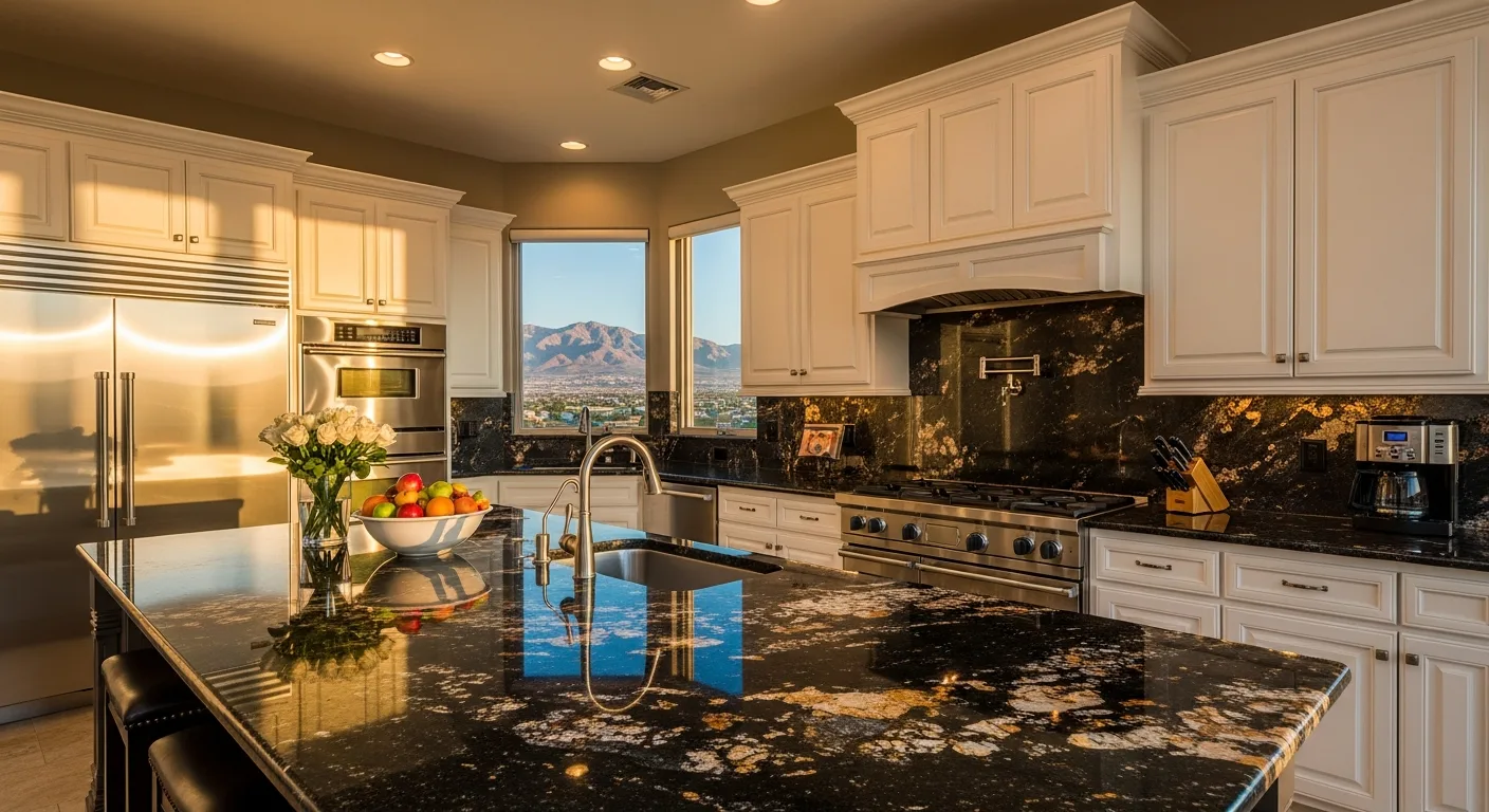 Luxury Las Vegas kitchen with black and gold flecked granite countertops, white cabinets, and mountain views