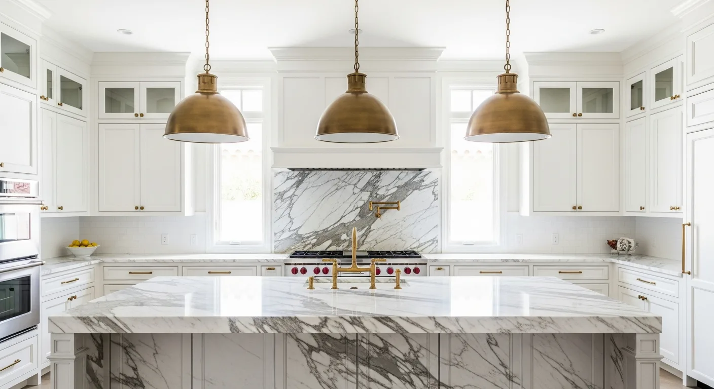 Elegant Las Vegas kitchen with Calacatta marble countertop island featuring dramatic grey and gold veining