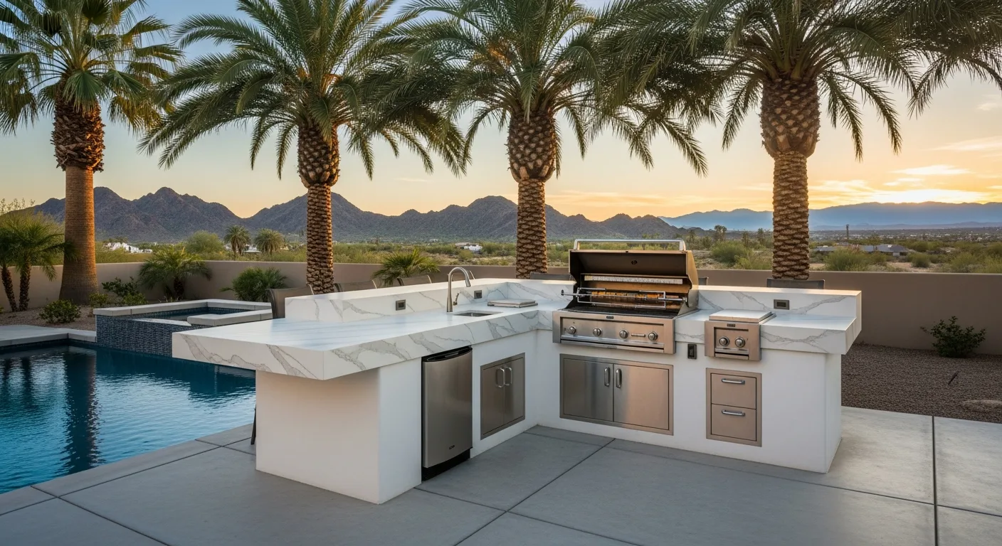 Las Vegas backyard outdoor kitchen with porcelain slab countertop, BBQ grill, and pool with mountain backdrop
