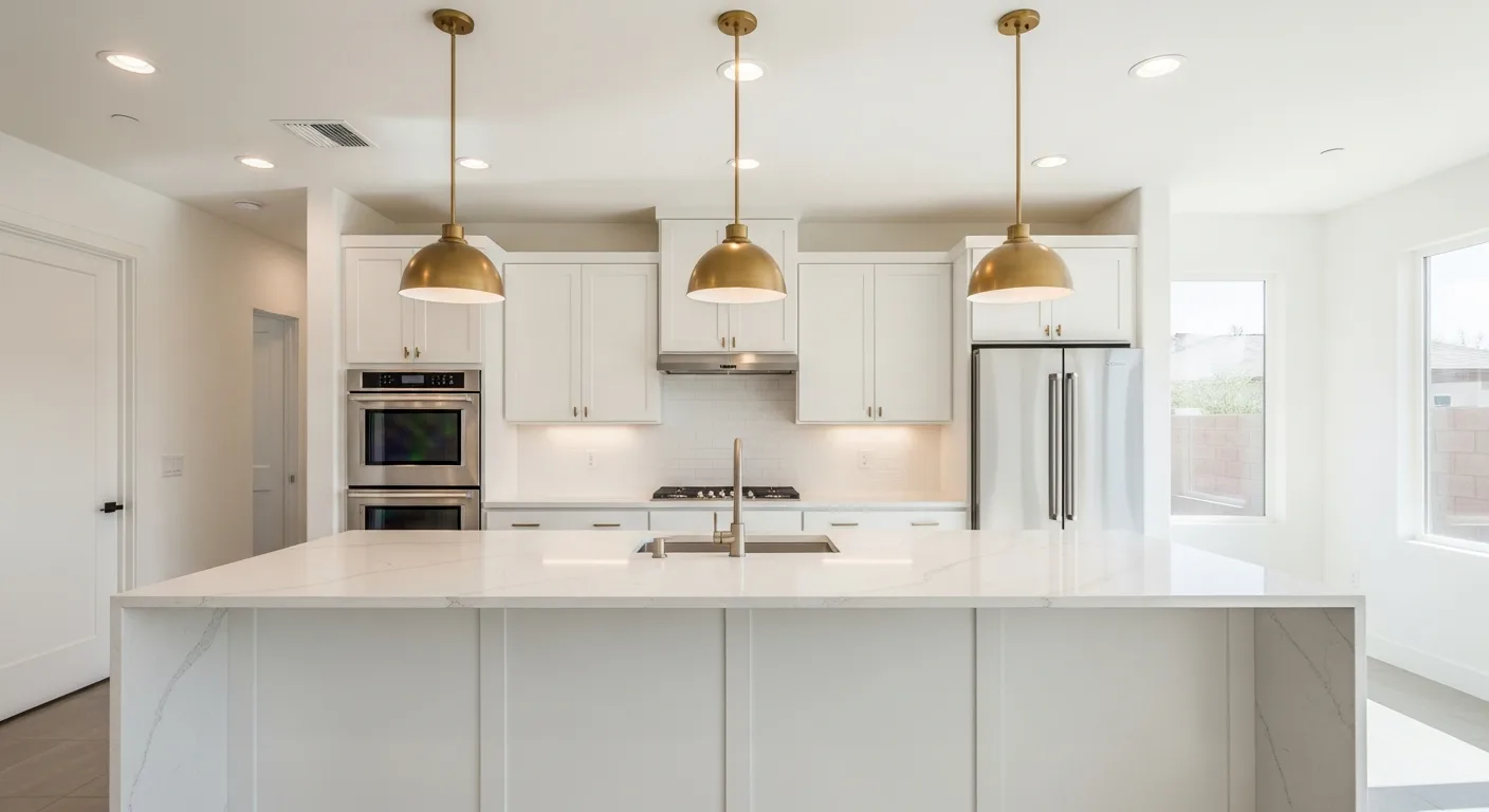 Modern minimalist Las Vegas kitchen with crisp white Caesarstone quartz countertop island and white cabinets