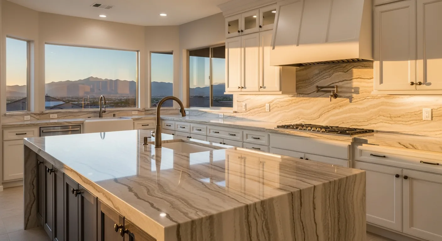 Luxury Las Vegas kitchen with Taj Mahal quartzite countertop island featuring beige and golden veining